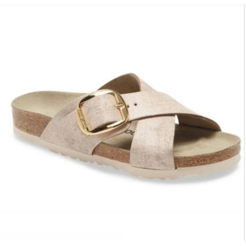 Birkenstock Siena Big Buckle Sandals Womens 36 Rose Gold Metallic Suede Slides
